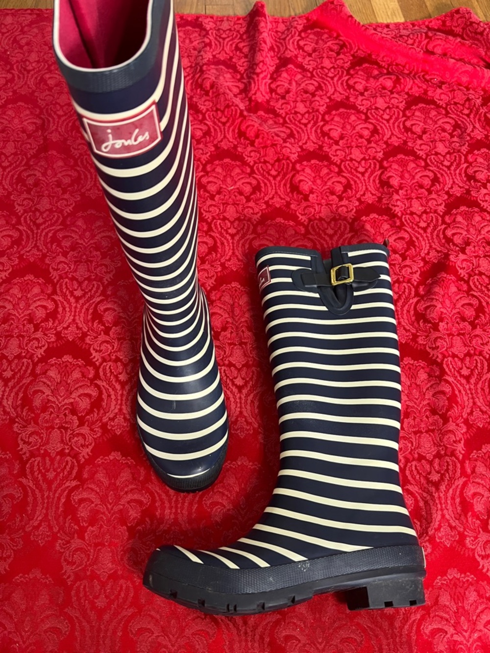 Joules Navy Cream Striped Tall Rain Boots Women’s US 8 UK 6